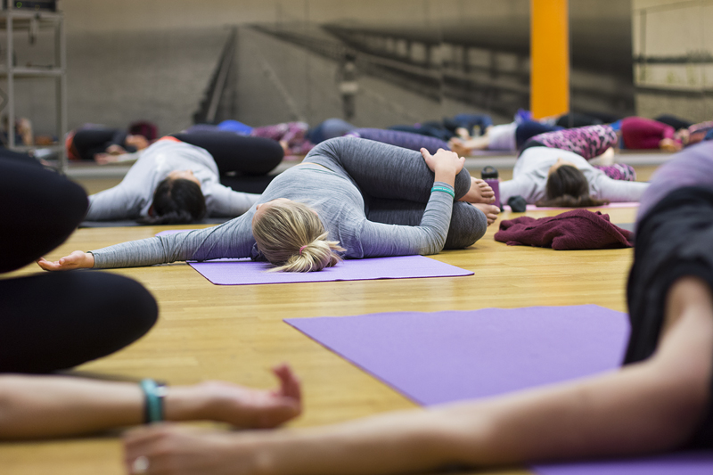 Deltagare i vridning på yogamattor under ett klasspass