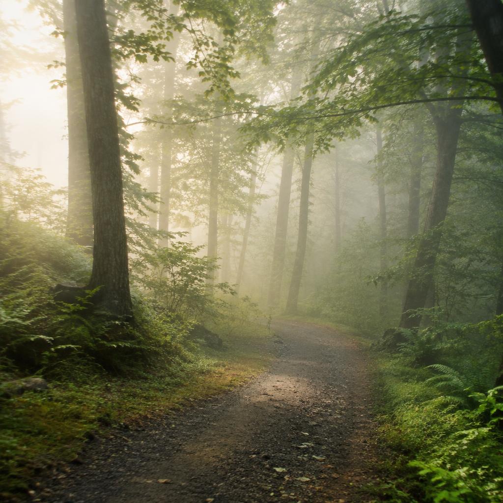 Lugn skogsväg i morgondis